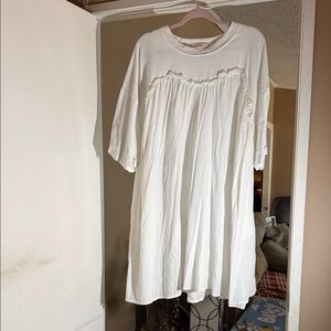 White Midi Peasant Dress - Lightweight Gathered Bodice